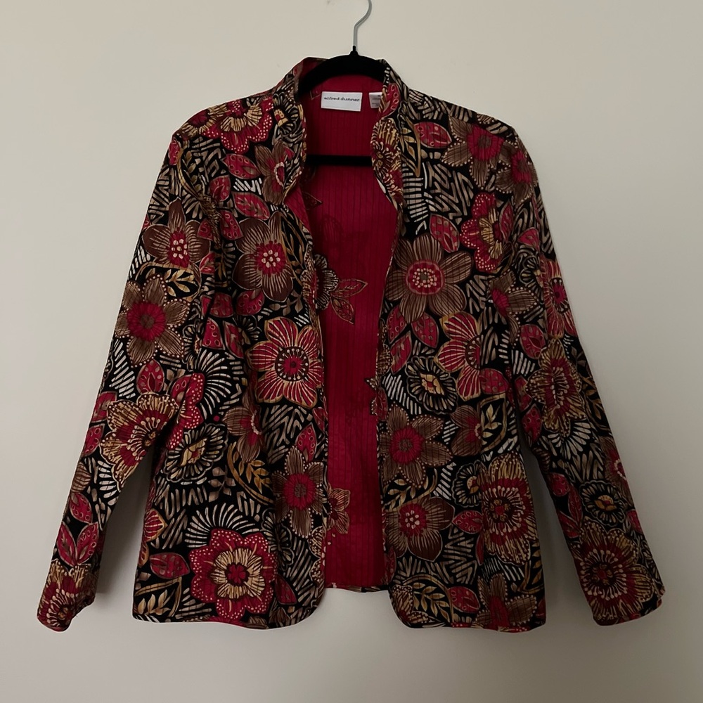 Alfred Dunner Red and Brown Floral Lightweight Open Front Jacket size 12